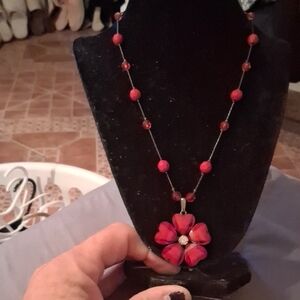 Vibrant Red Floral Beaded Necklace